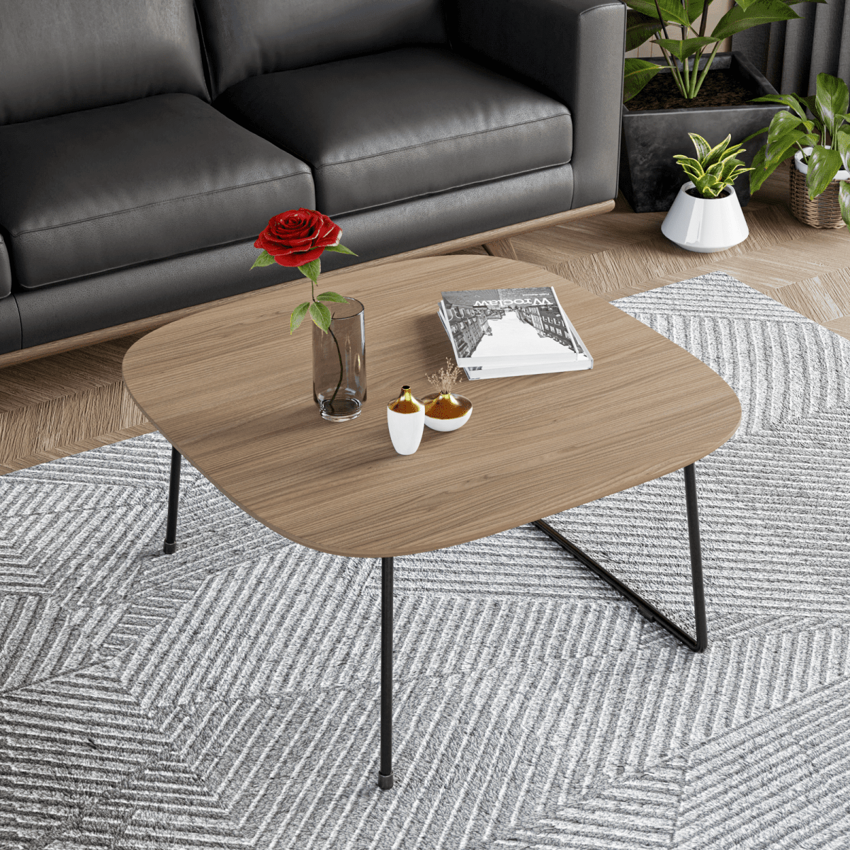 Pemborke Square Coffee Table with Oak Wood Table Top and Iron Frame