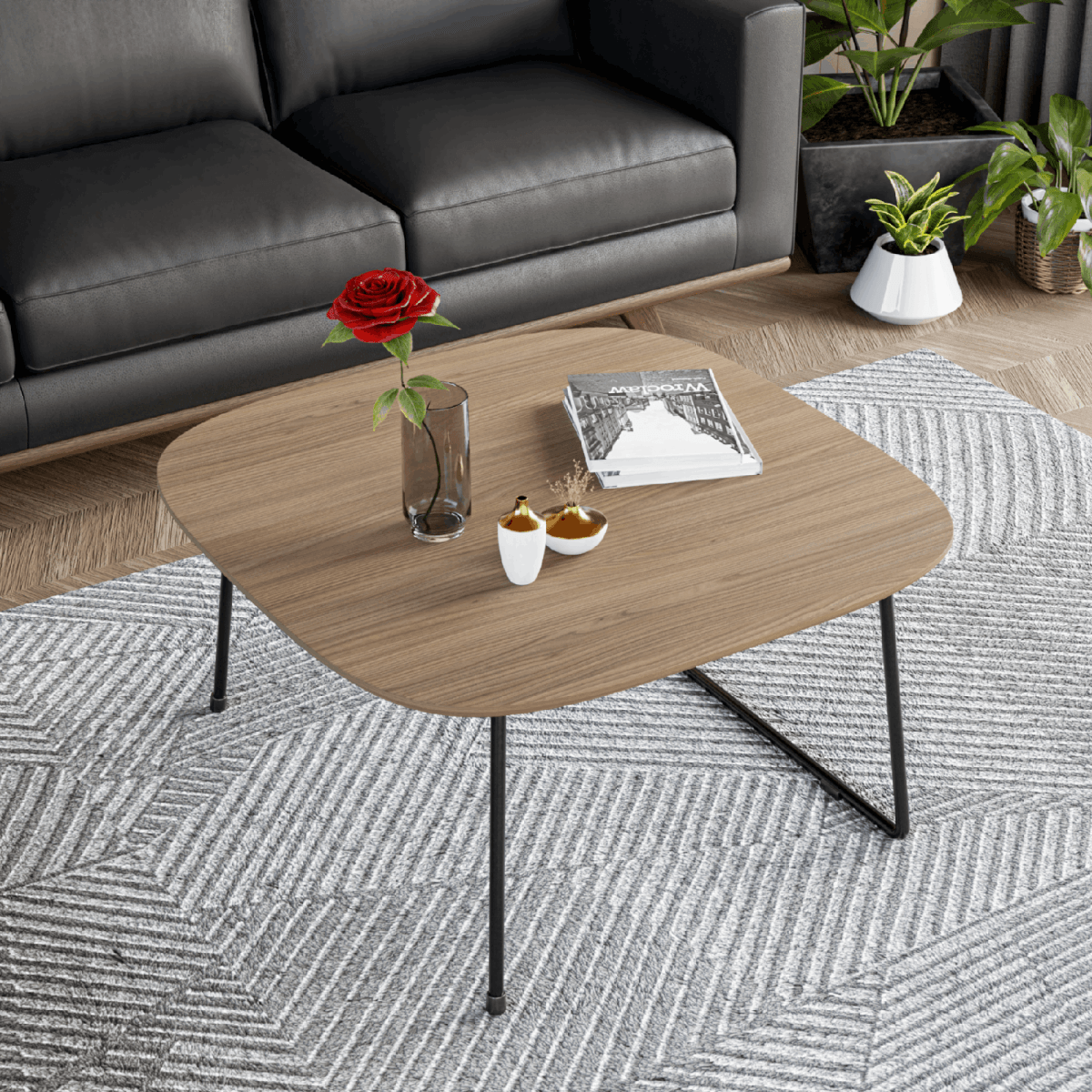 Pemborke Square Coffee Table with Oak Wood Table Top and Iron Frame