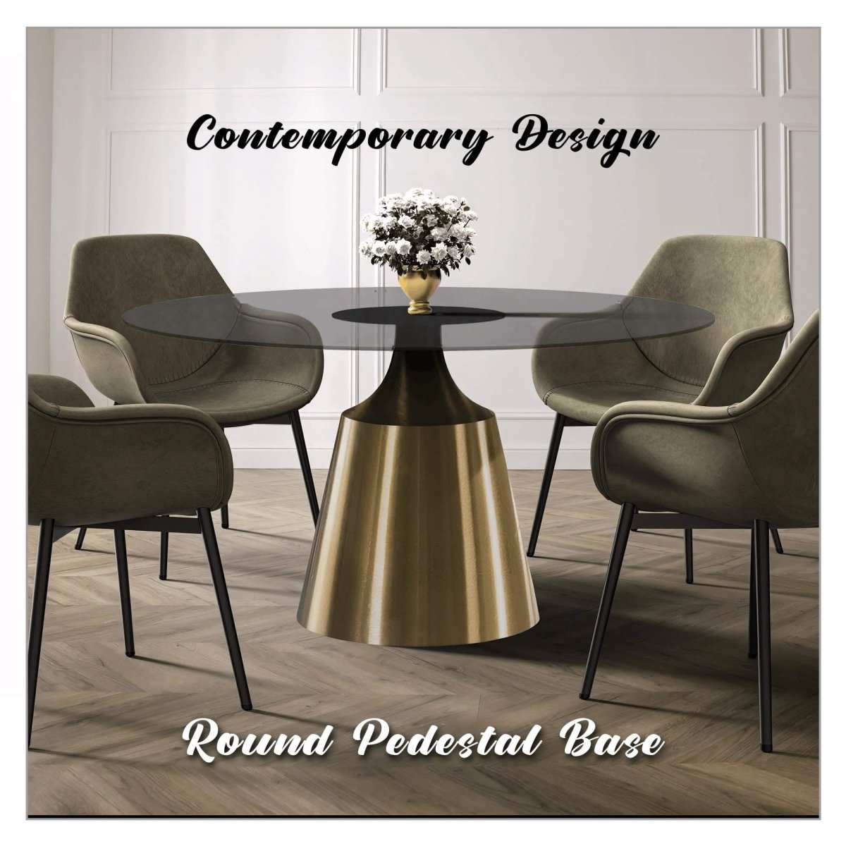 Prynn Modern Round Dining Table with a Sintered Stone/Glass Top in Black Stainless Steel Base