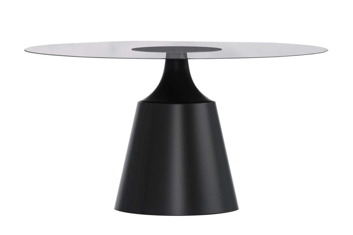 Prynn Modern Round Dining Table with a Sintered Stone/Glass Top in Black Stainless Steel Base