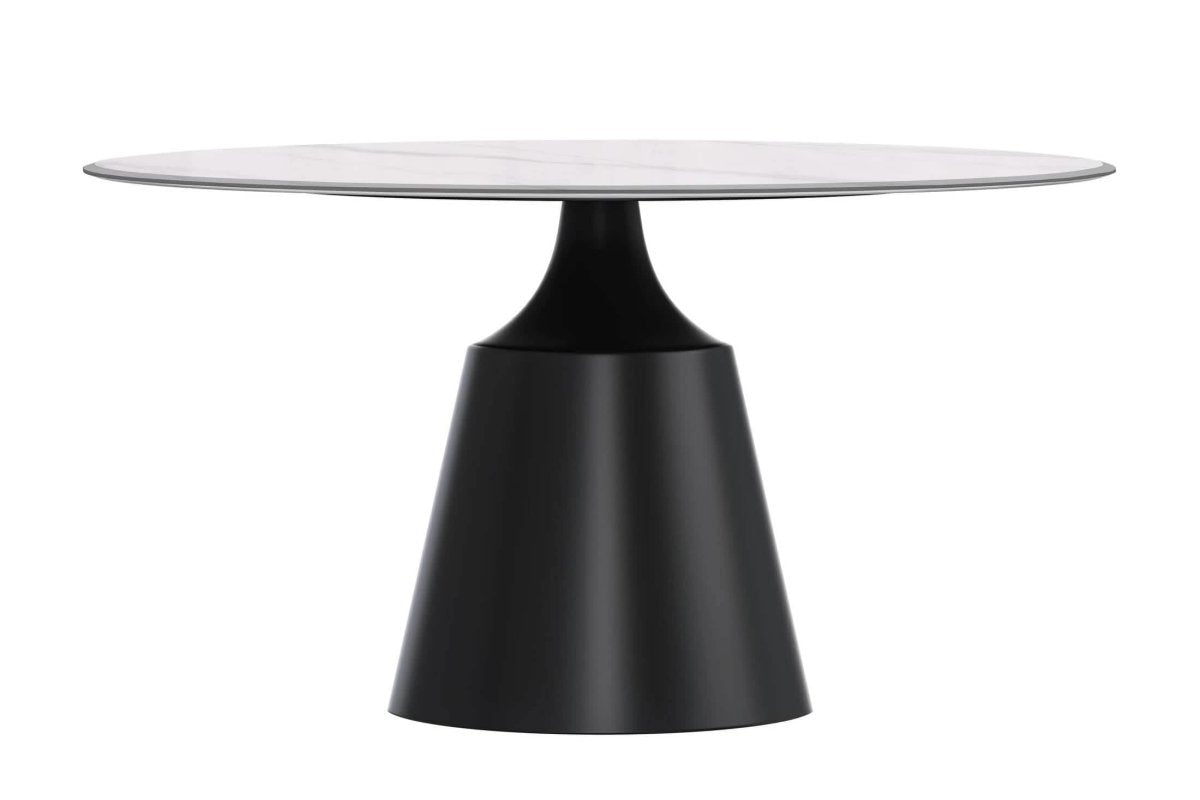 Prynn Modern Round Dining Table with a Sintered Stone/Glass Top in Black Stainless Steel Base