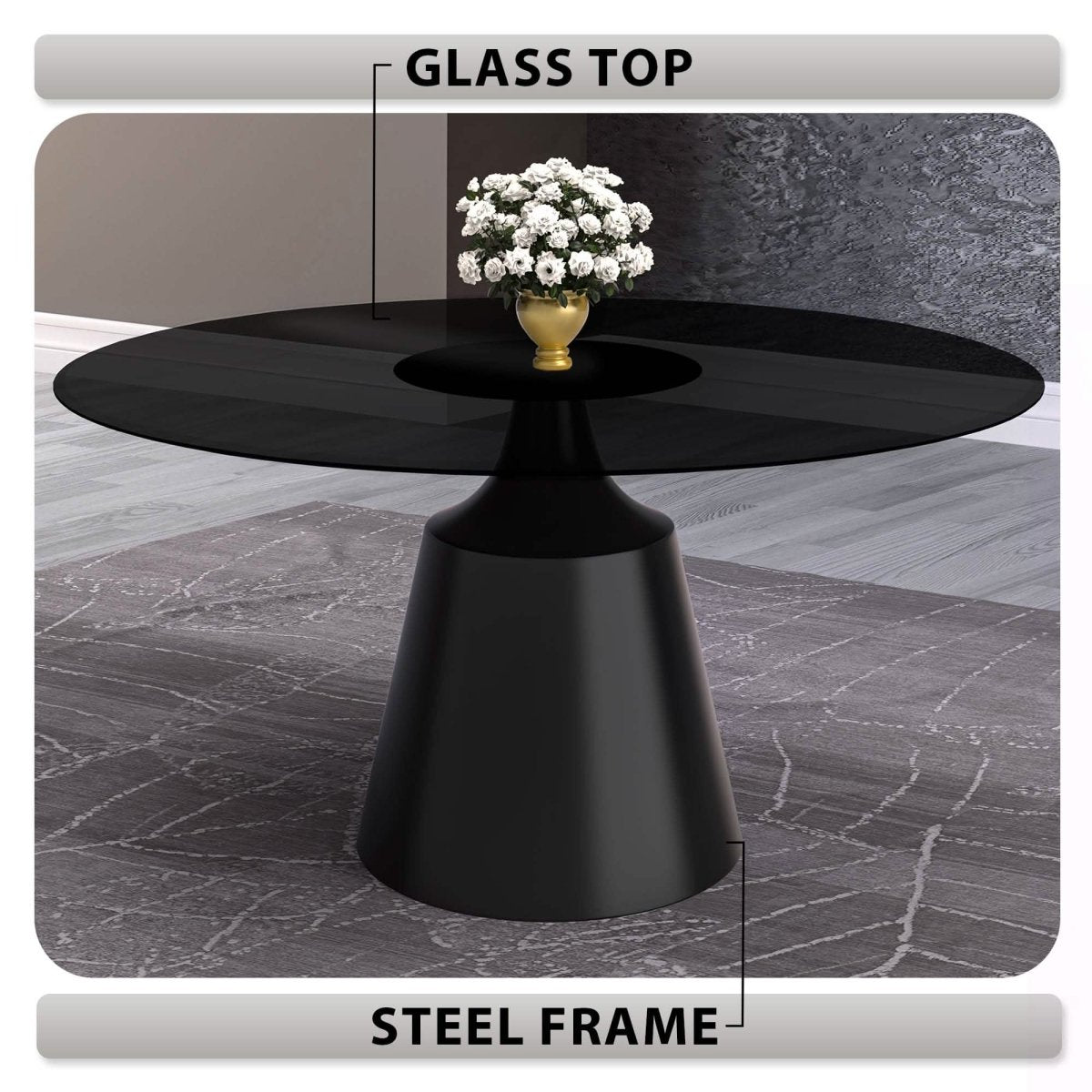 Prynn Modern Round Dining Table with a Sintered Stone/Glass Top in Black Stainless Steel Base