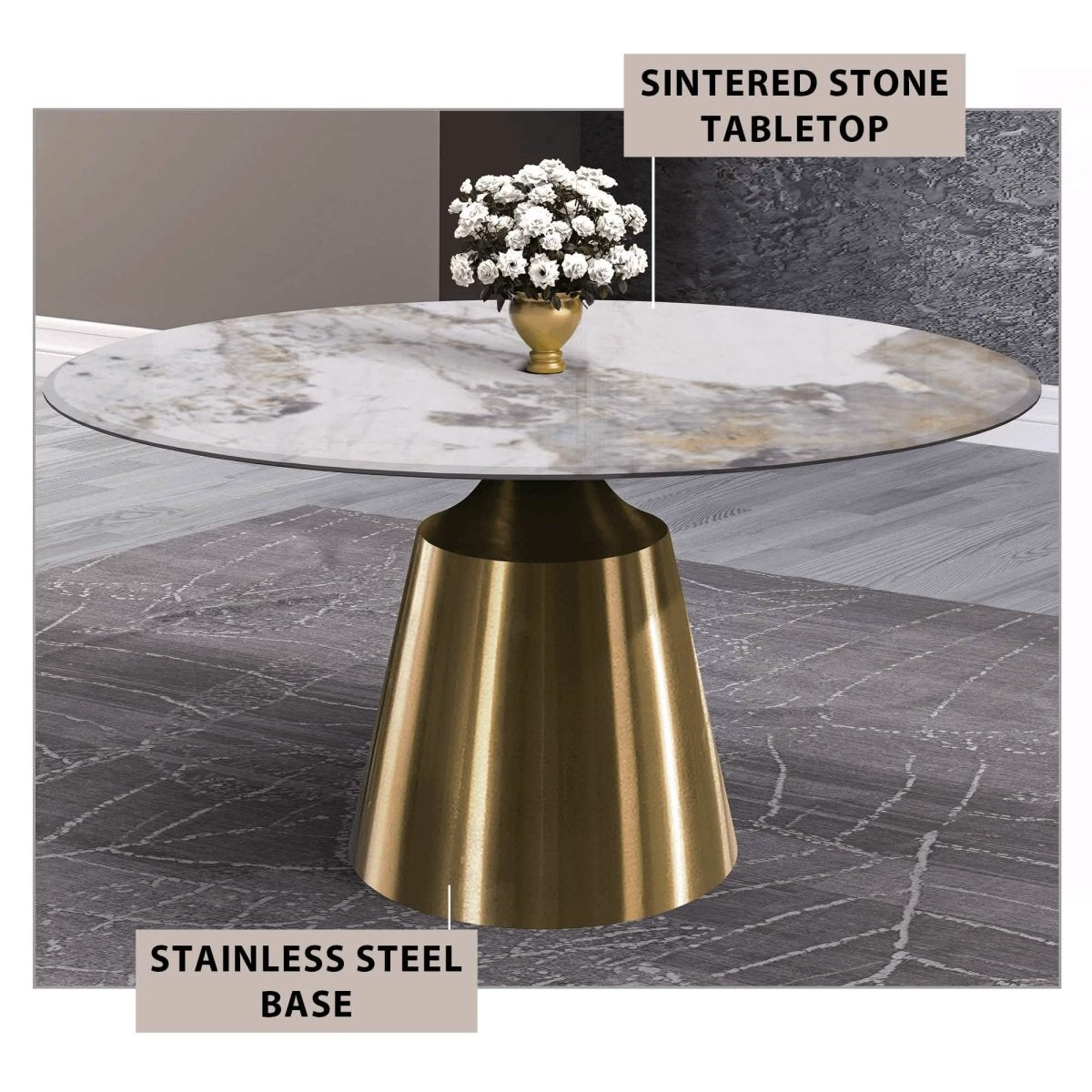 Prynn Modern Round Dining Table with a Sintered Stone/Glass Top in Black Stainless Steel Base