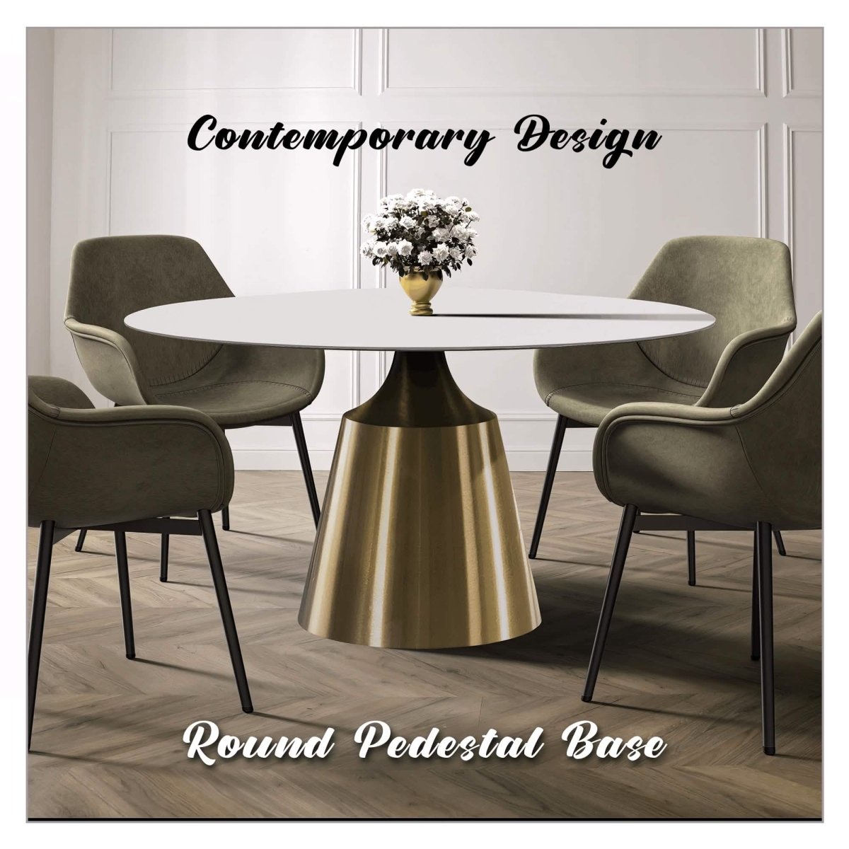 Prynn Modern Round Dining Table with a Sintered Stone/Glass Top in Black Stainless Steel Base