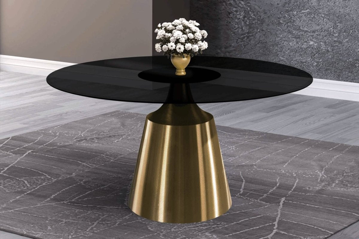 Prynn Modern Round Dining Table with a Sintered Stone/Glass Top in Black Stainless Steel Base