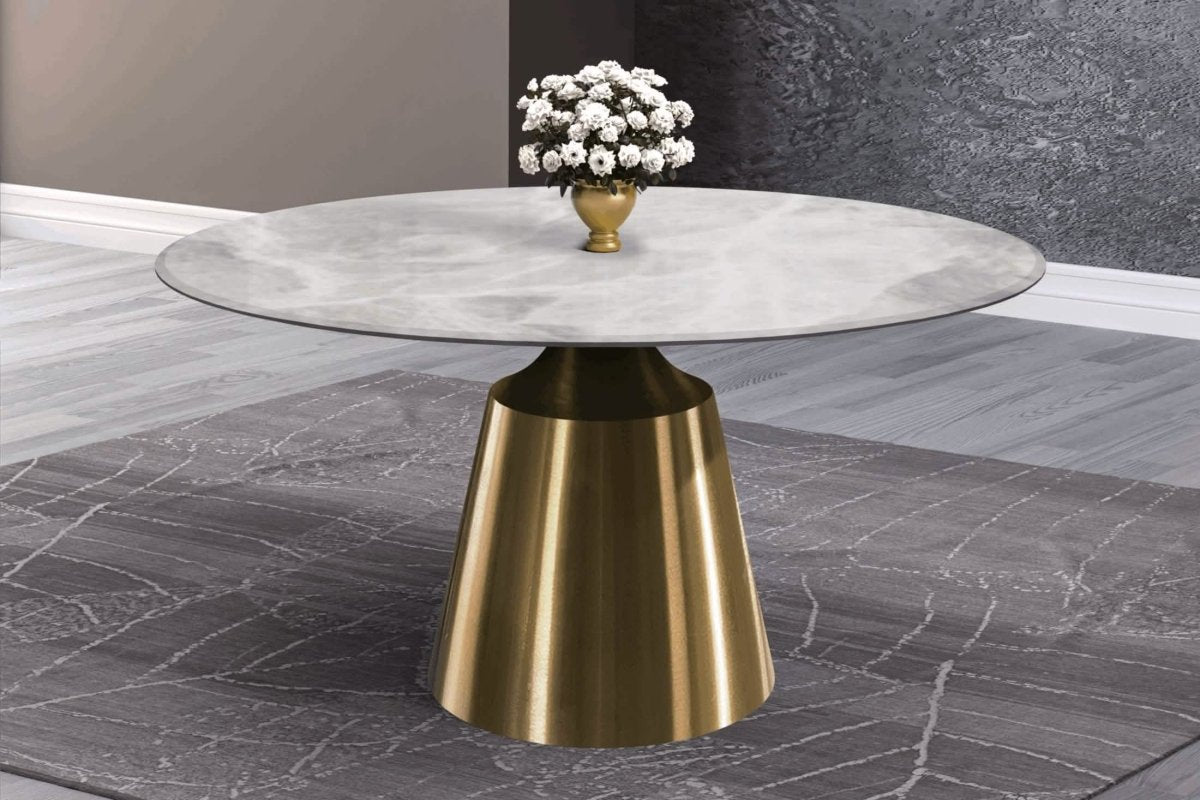 Prynn Modern Round Dining Table with a Sintered Stone/Glass Top in Black Stainless Steel Base