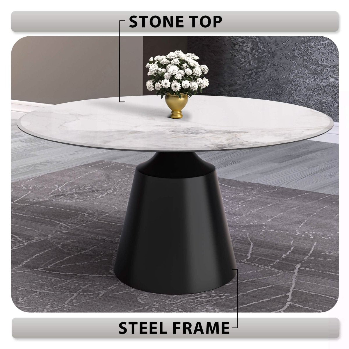 Prynn Modern Round Dining Table with a Sintered Stone/Glass Top in Black Stainless Steel Base