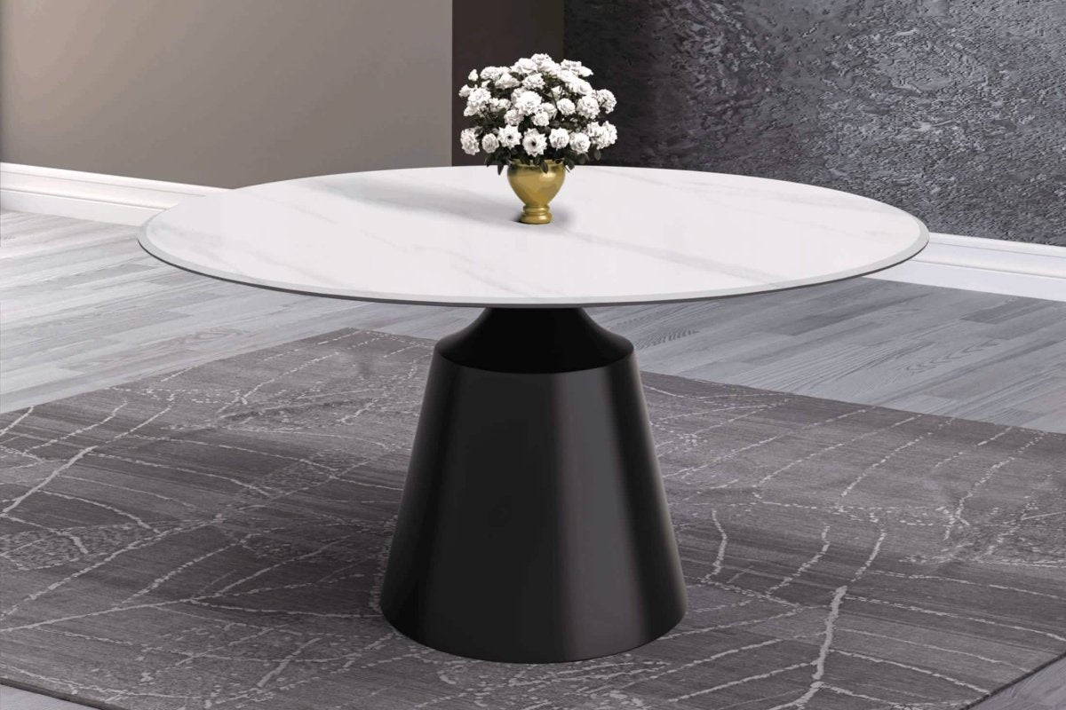 Prynn Modern Round Dining Table with a Sintered Stone/Glass Top in Black Stainless Steel Base