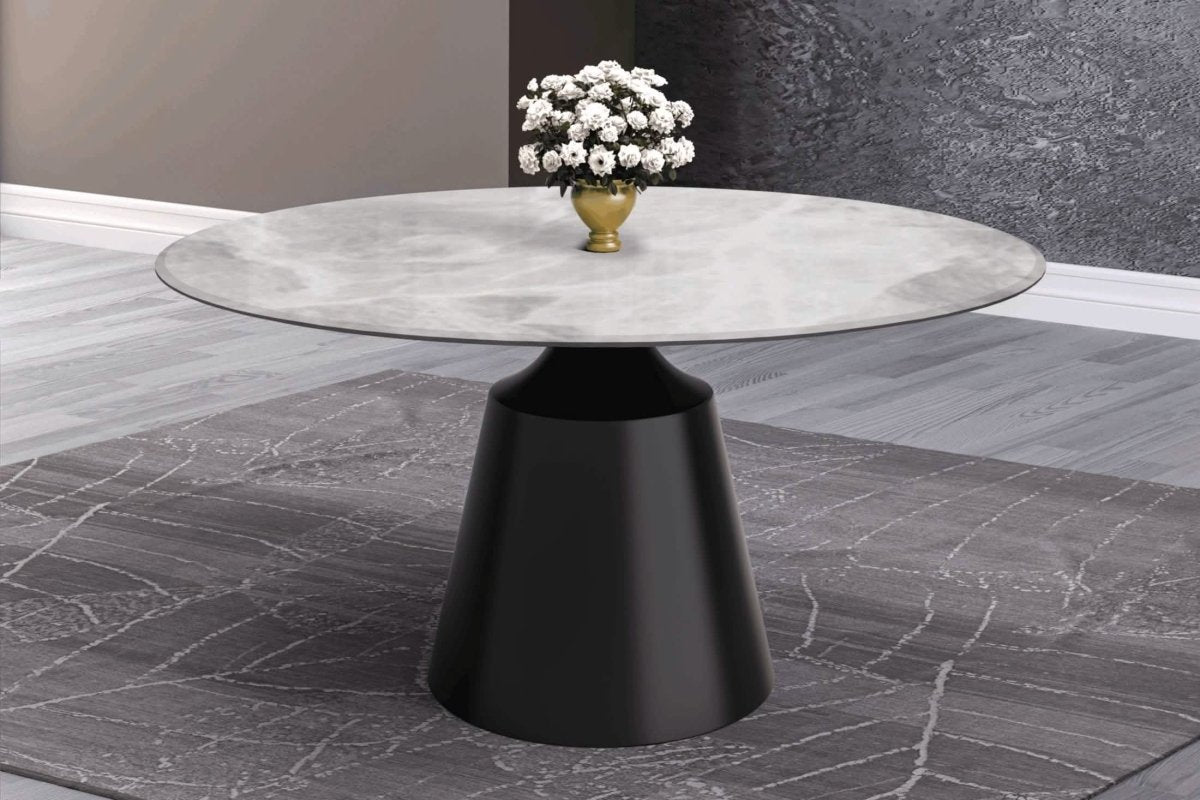 Prynn Modern Round Dining Table with a Sintered Stone/Glass Top in Black Stainless Steel Base