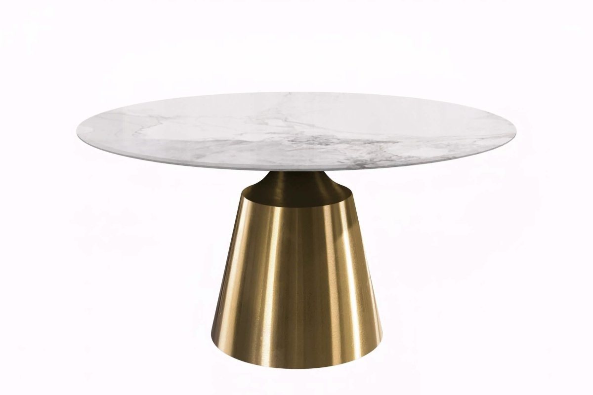 Prynn Modern Round Dining Table with a Sintered Stone/Glass Top in Black Stainless Steel Base