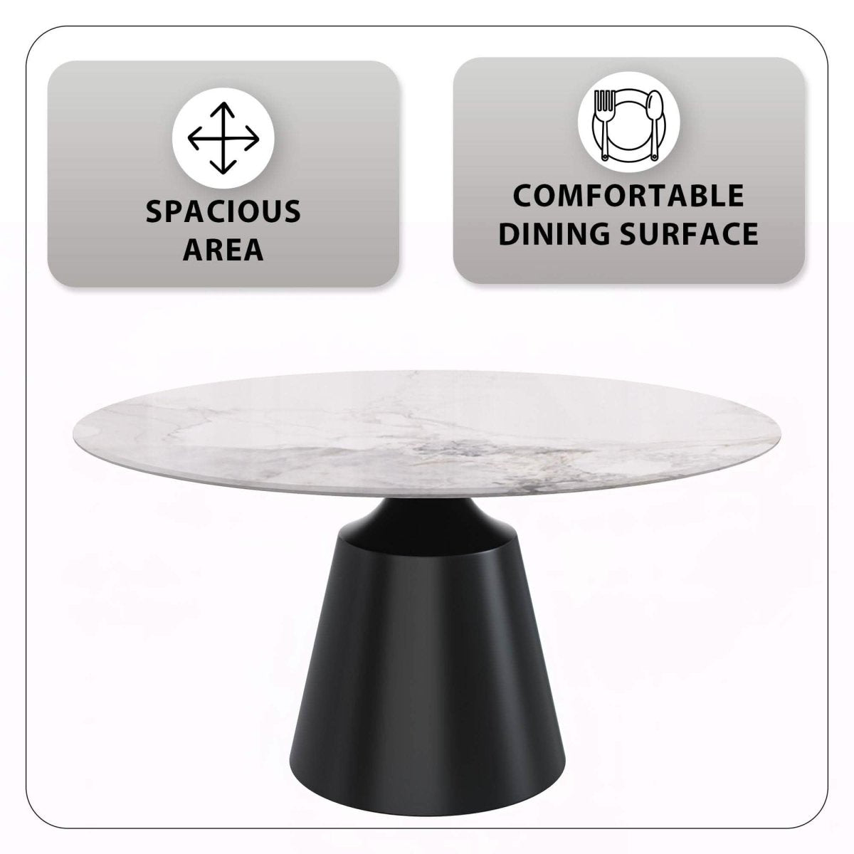 Prynn Modern Round Dining Table with a Sintered Stone/Glass Top in Black Stainless Steel Base