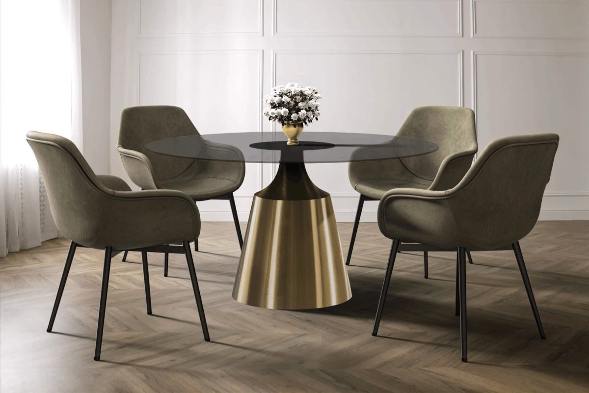Prynn Modern Round Dining Table with a Sintered Stone/Glass Top in Black Stainless Steel Base