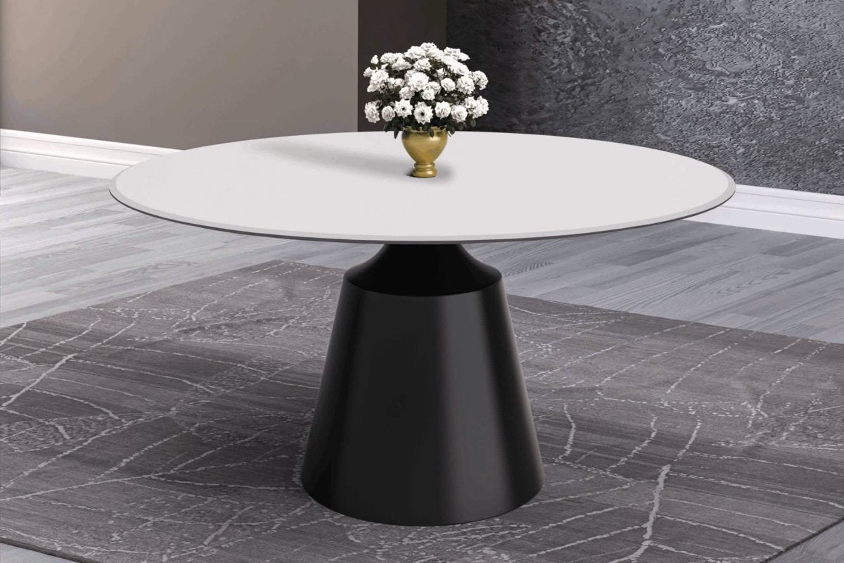 Prynn Modern Round Dining Table with a Sintered Stone/Glass Top in Black Stainless Steel Base