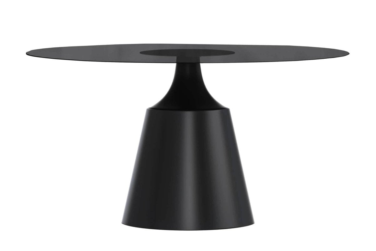 Prynn Modern Round Dining Table with a Sintered Stone/Glass Top in Black Stainless Steel Base