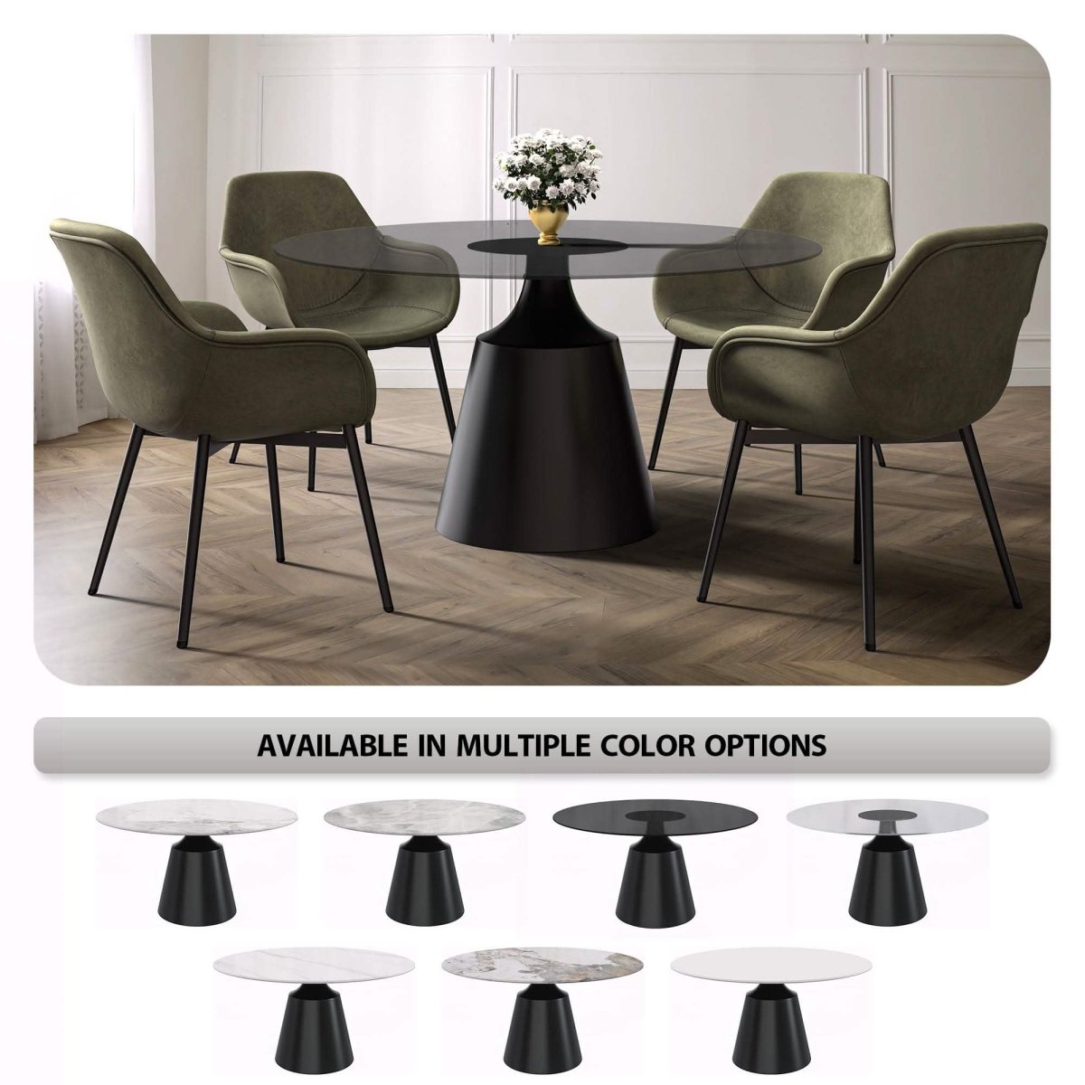Prynn Modern Round Dining Table with a Sintered Stone/Glass Top in Black Stainless Steel Base