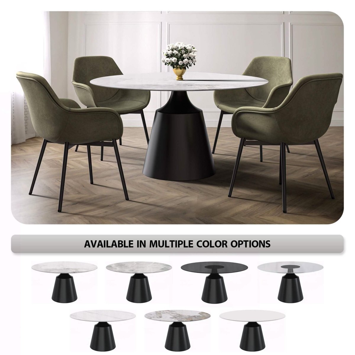 Prynn Modern Round Dining Table with a Sintered Stone/Glass Top in Black Stainless Steel Base