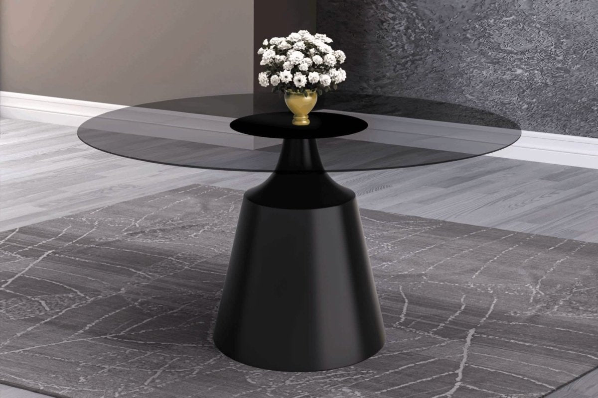 Prynn Modern Round Dining Table with a Sintered Stone/Glass Top in Black Stainless Steel Base