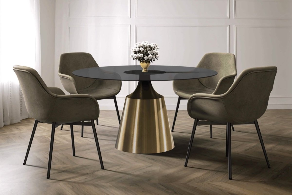 Prynn Modern Round Dining Table with a Sintered Stone/Glass Top in Black Stainless Steel Base
