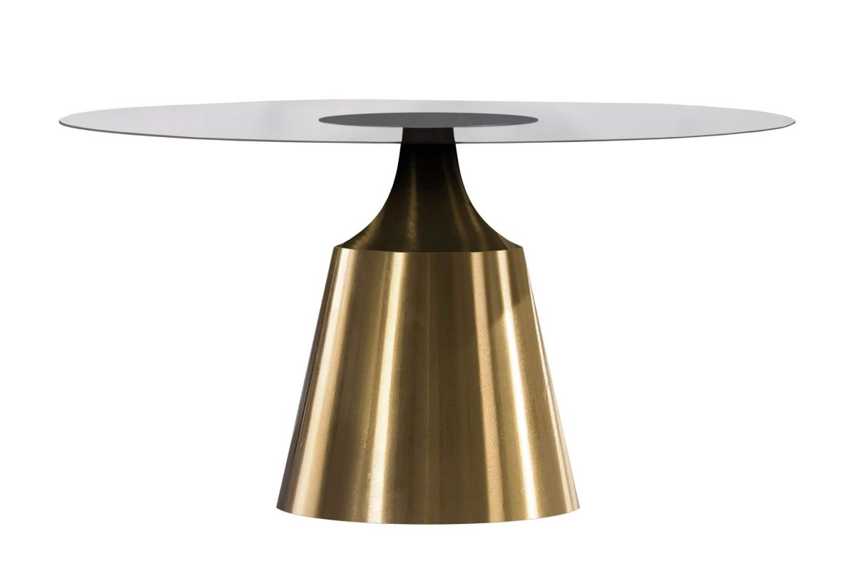 Prynn Modern Round Dining Table with a Sintered Stone/Glass Top in Black Stainless Steel Base