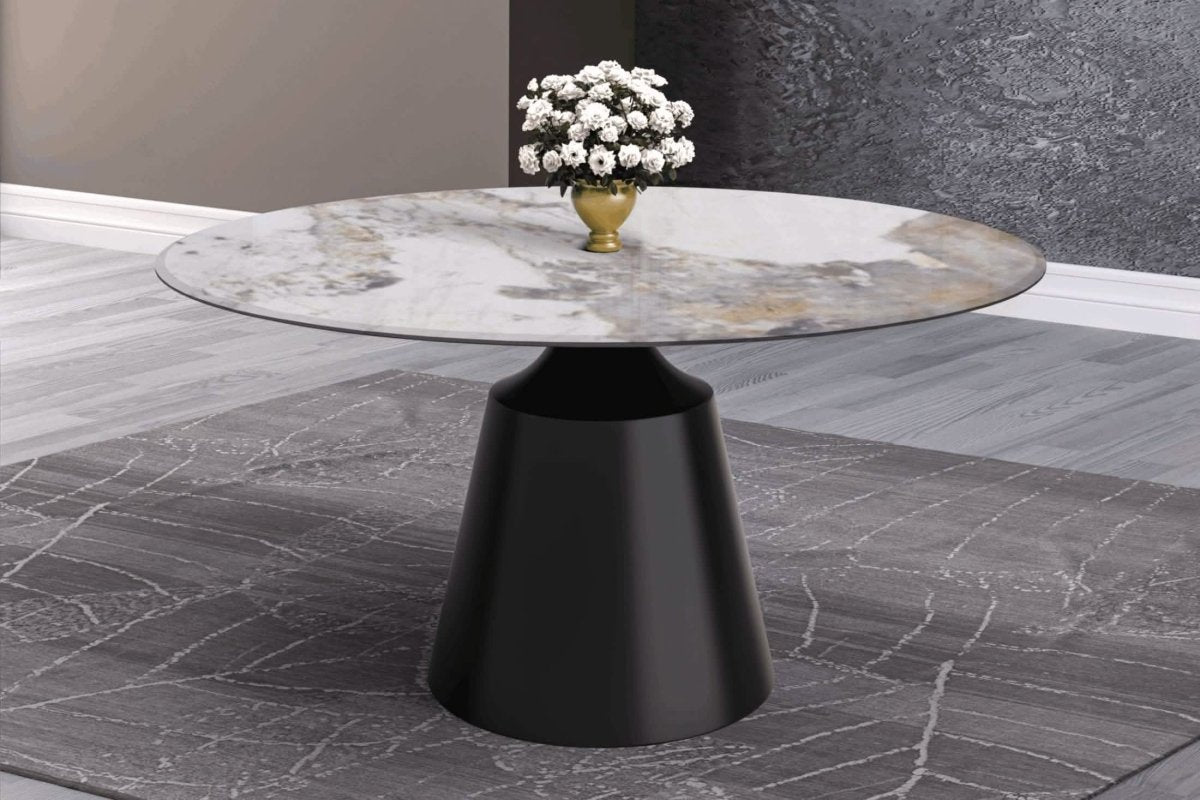 Prynn Modern Round Dining Table with a Sintered Stone/Glass Top in Black Stainless Steel Base