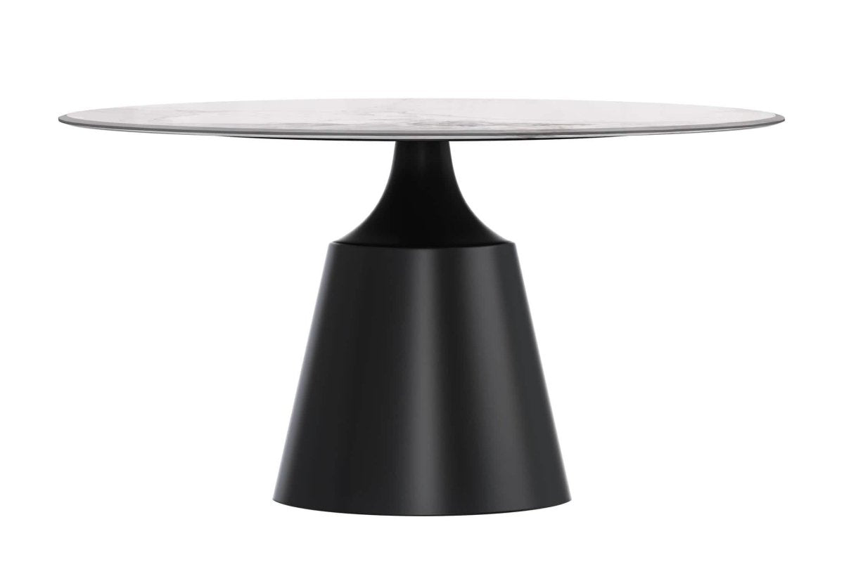 Prynn Modern Round Dining Table with a Sintered Stone/Glass Top in Black Stainless Steel Base