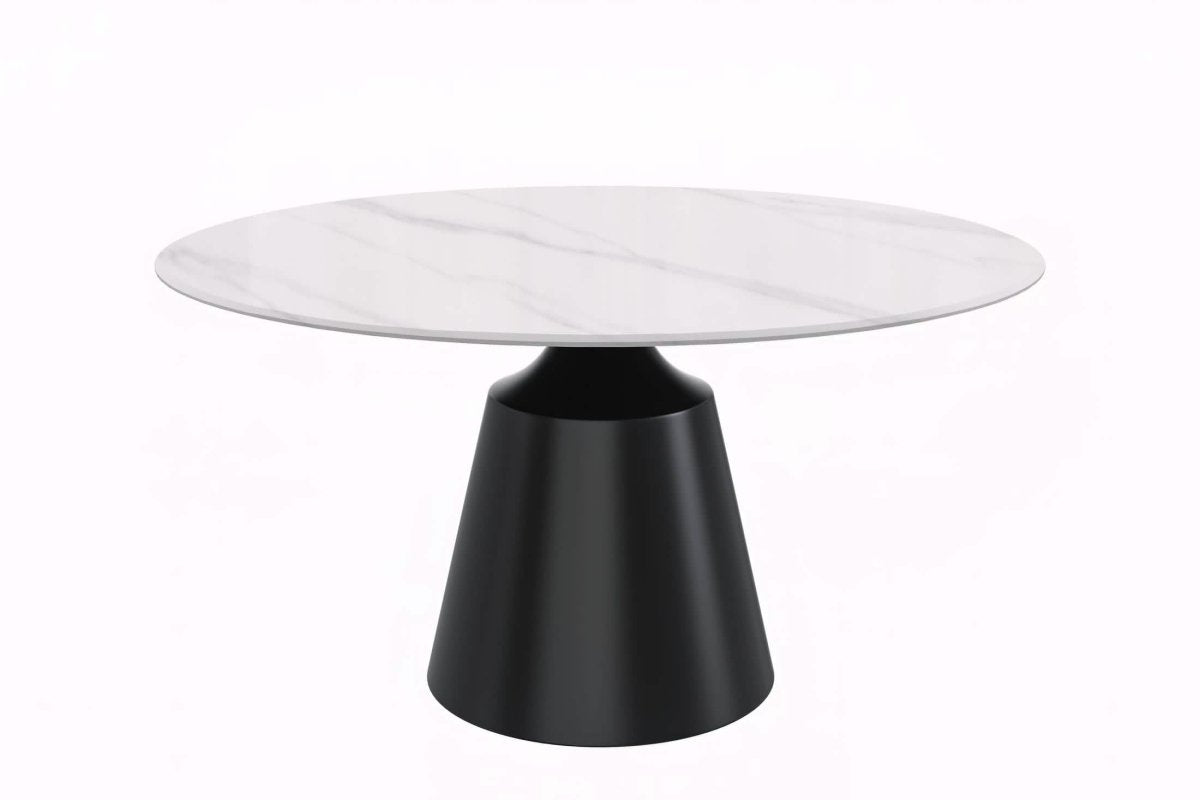 Prynn Modern Round Dining Table with a Sintered Stone/Glass Top in Black Stainless Steel Base