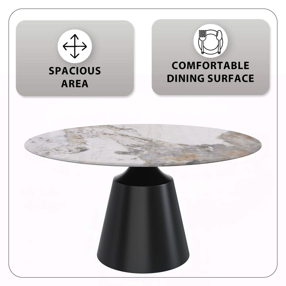 Prynn Modern Round Dining Table with a Sintered Stone/Glass Top in Black Stainless Steel Base