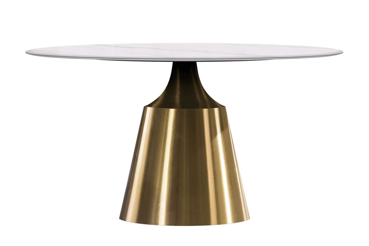 Prynn Modern Round Dining Table with a Sintered Stone/Glass Top in Black Stainless Steel Base