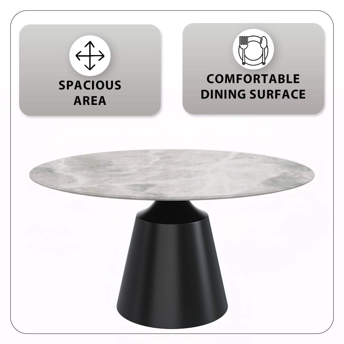 Prynn Modern Round Dining Table with a Sintered Stone/Glass Top in Black Stainless Steel Base