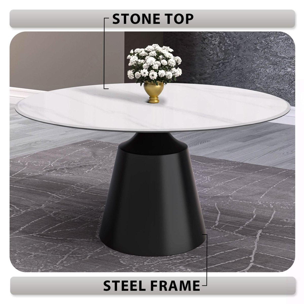 Prynn Modern Round Dining Table with a Sintered Stone/Glass Top in Black Stainless Steel Base