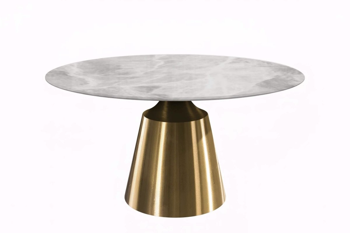 Prynn Modern Round Dining Table with a Sintered Stone/Glass Top in Black Stainless Steel Base