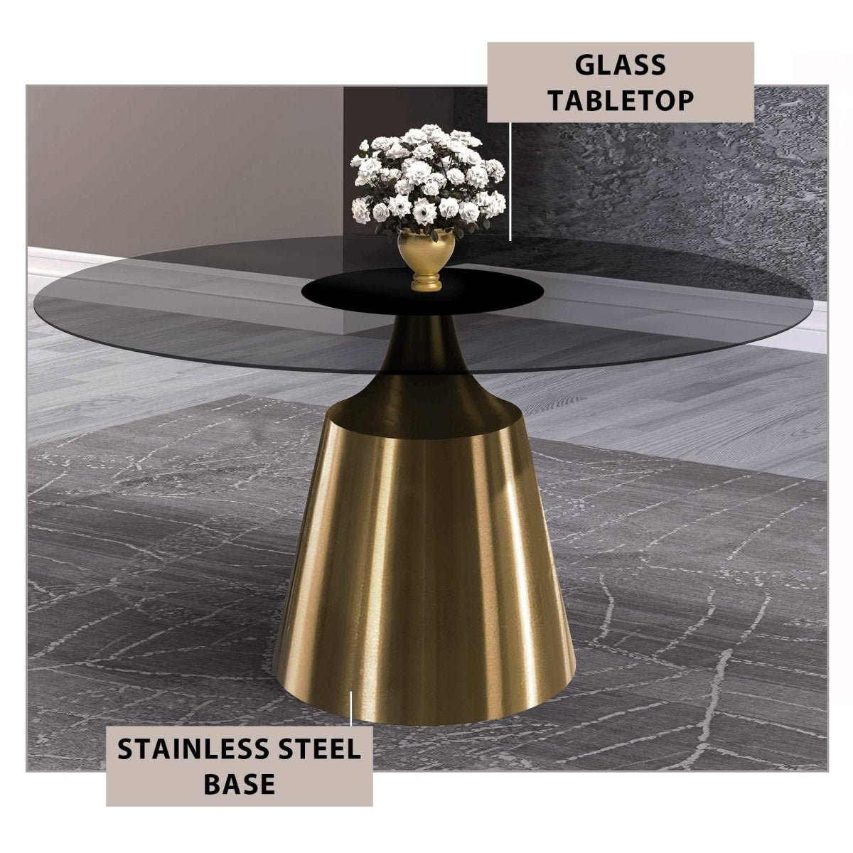 Prynn Modern Round Dining Table with a Sintered Stone/Glass Top in Black Stainless Steel Base