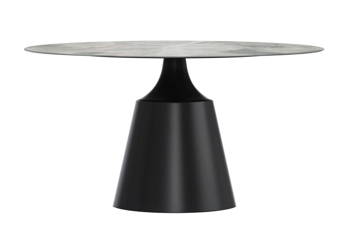 Prynn Modern Round Dining Table with a Sintered Stone/Glass Top in Black Stainless Steel Base