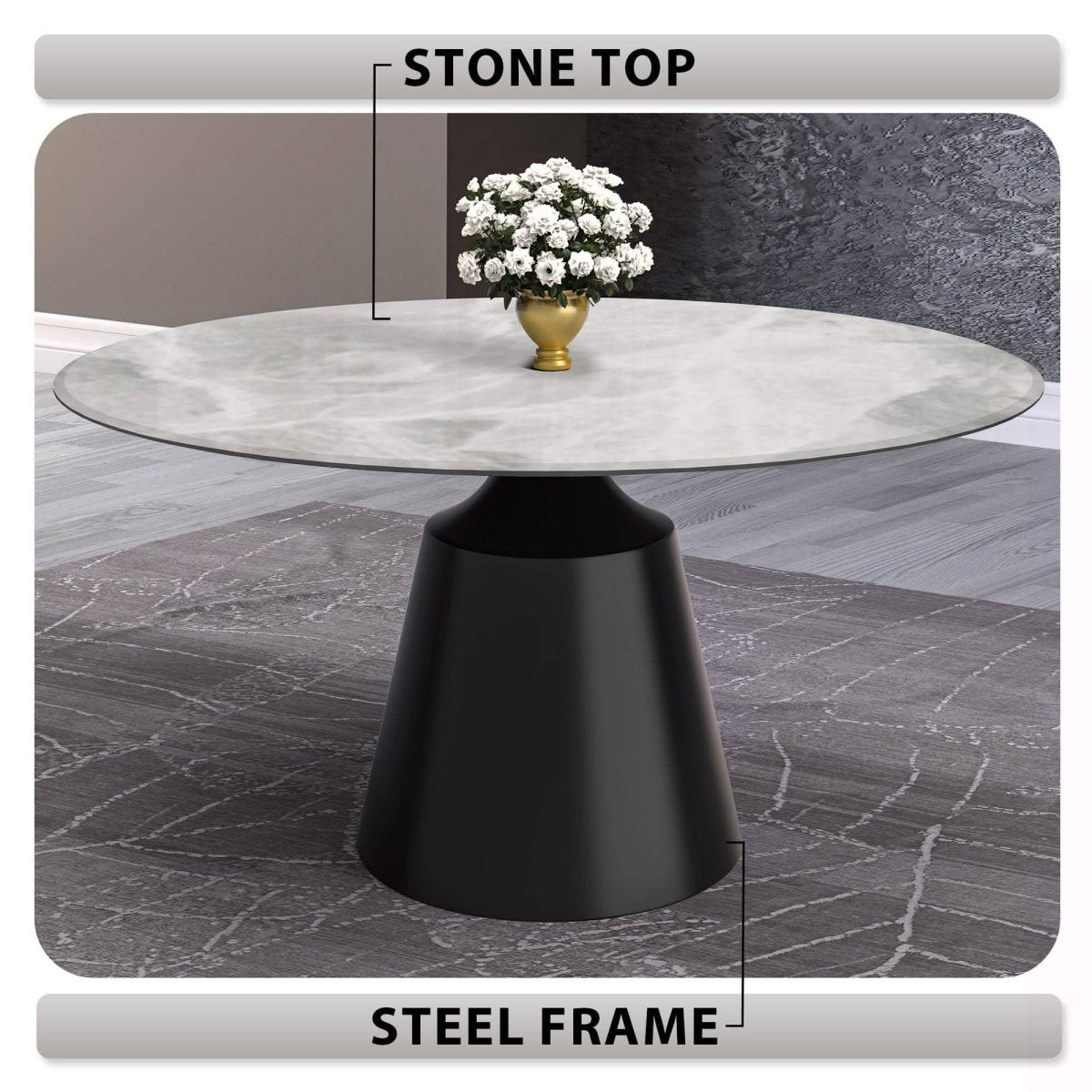 Prynn Modern Round Dining Table with a Sintered Stone/Glass Top in Black Stainless Steel Base