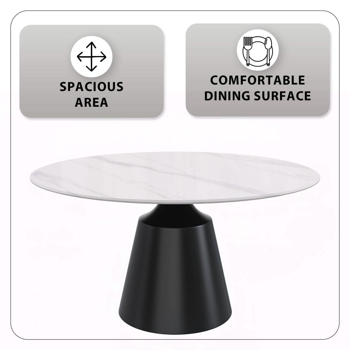 Prynn Modern Round Dining Table with a Sintered Stone/Glass Top in Black Stainless Steel Base