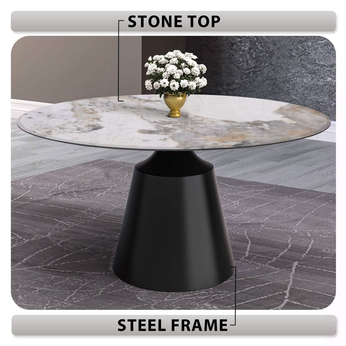 Prynn Modern Round Dining Table with a Sintered Stone/Glass Top in Black Stainless Steel Base