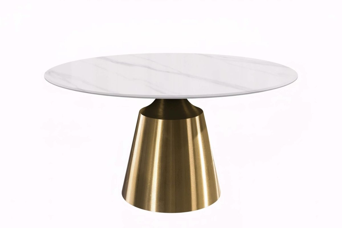 Prynn Modern Round Dining Table with a Sintered Stone/Glass Top in Black Stainless Steel Base