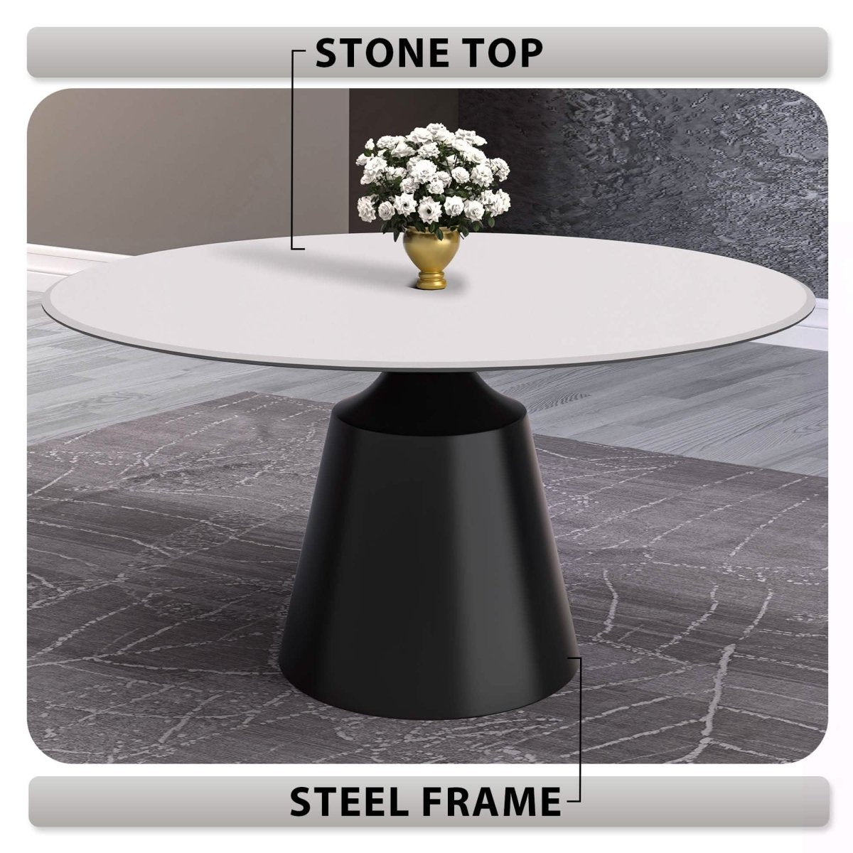 Prynn Modern Round Dining Table with a Sintered Stone/Glass Top in Black Stainless Steel Base