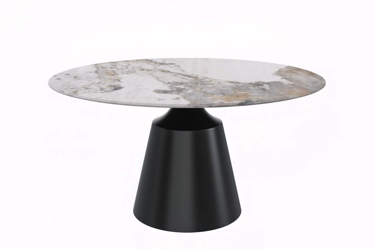 Prynn Modern Round Dining Table with a Sintered Stone/Glass Top in Black Stainless Steel Base