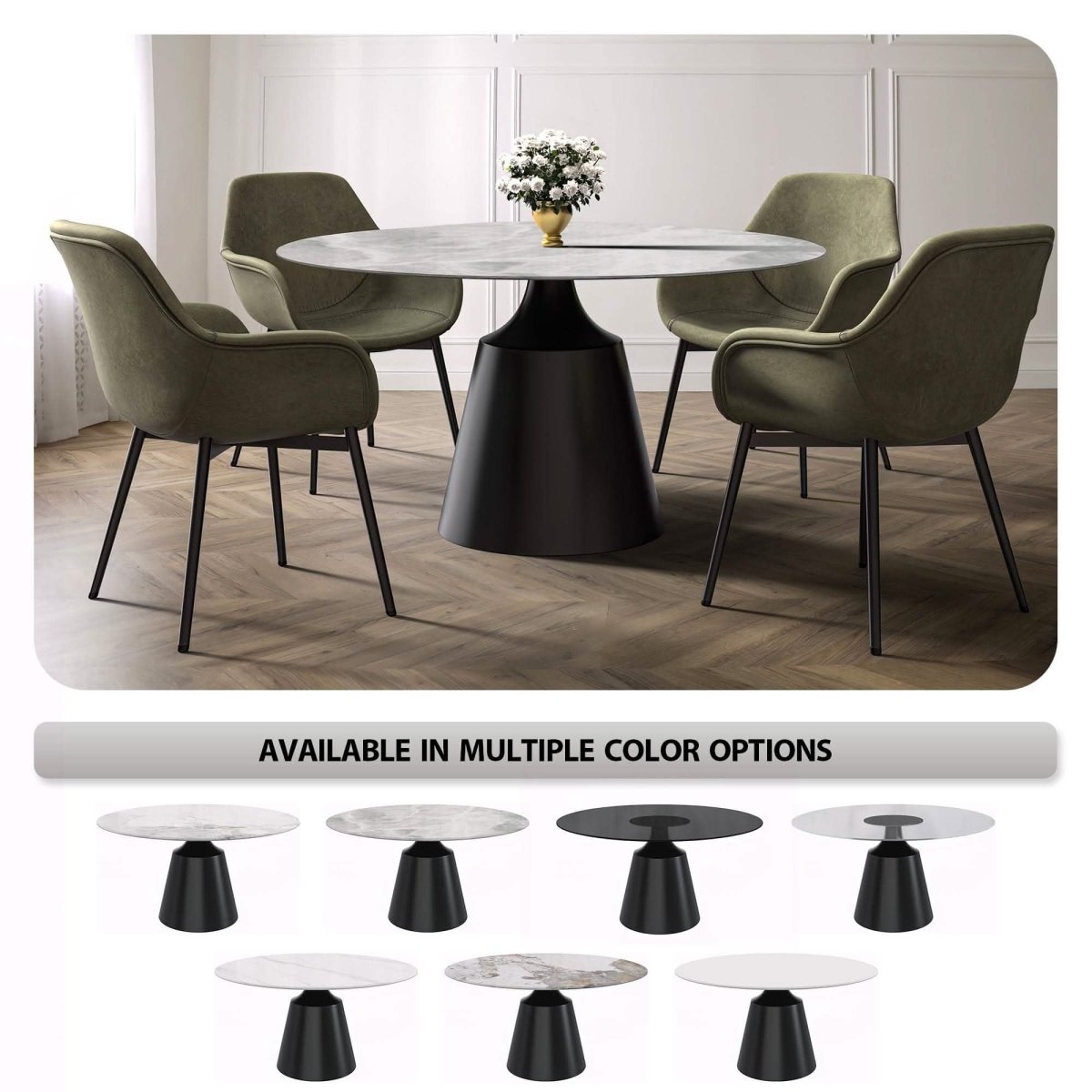Prynn Modern Round Dining Table with a Sintered Stone/Glass Top in Black Stainless Steel Base