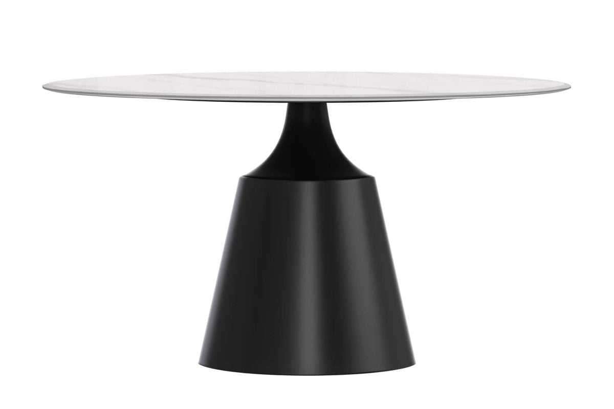Prynn Modern Round Dining Table with a Sintered Stone/Glass Top in Black Stainless Steel Base