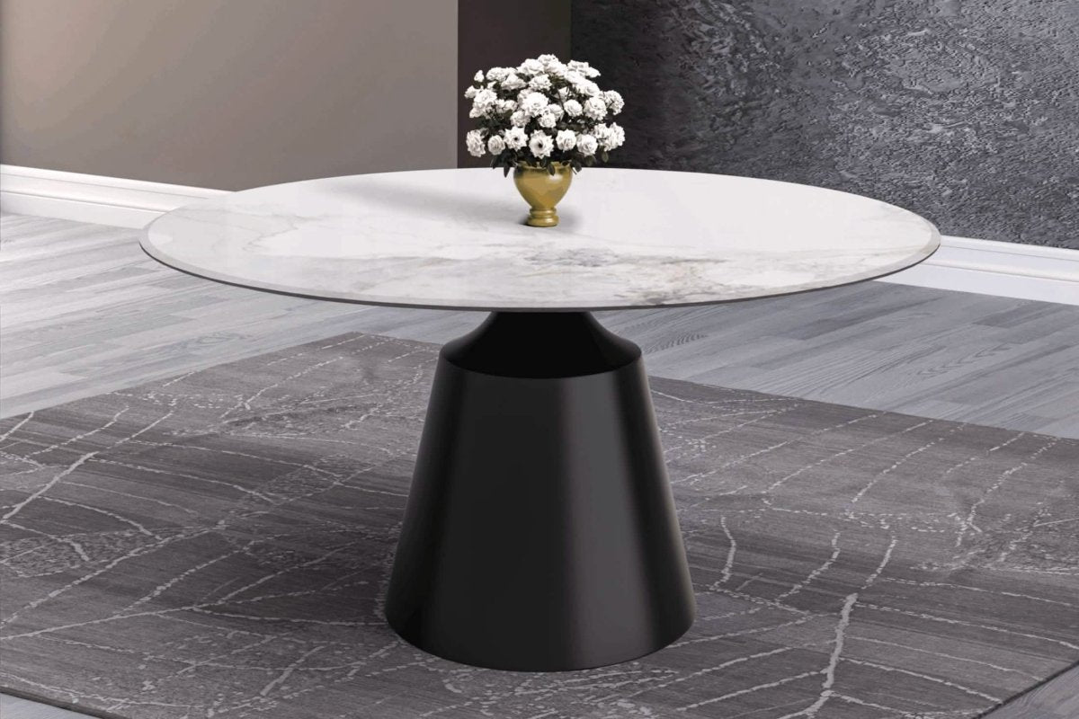 Prynn Modern Round Dining Table with a Sintered Stone/Glass Top in Black Stainless Steel Base