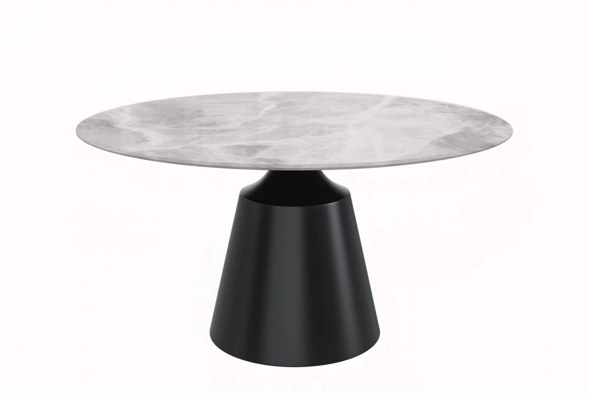 Prynn Modern Round Dining Table with a Sintered Stone/Glass Top in Black Stainless Steel Base