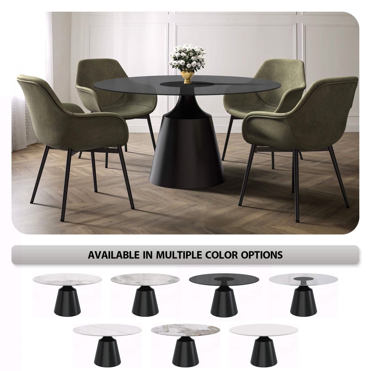Prynn Modern Round Dining Table with a Sintered Stone/Glass Top in Black Stainless Steel Base