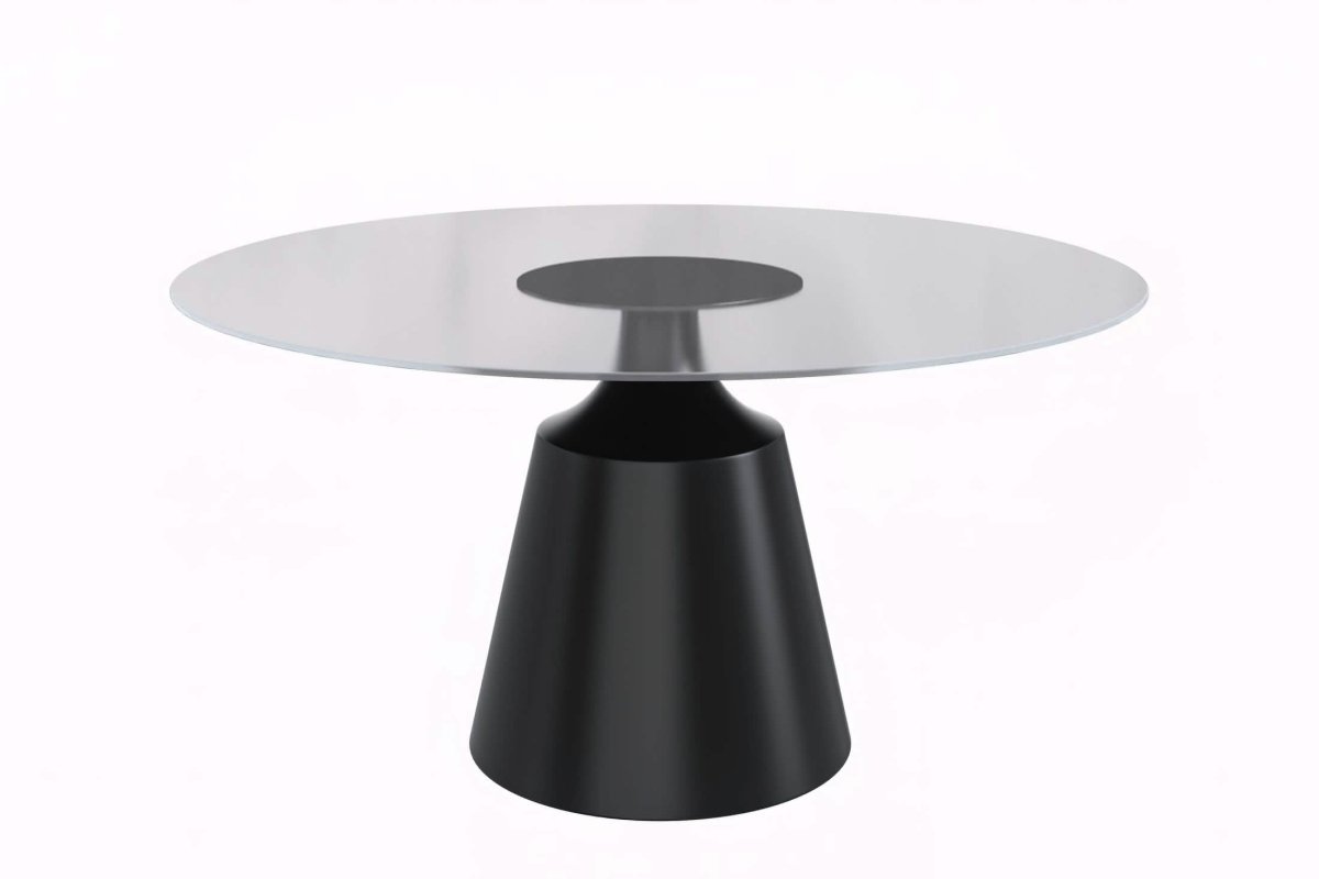 Prynn Modern Round Dining Table with a Sintered Stone/Glass Top in Black Stainless Steel Base
