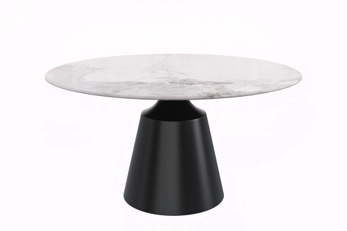 Prynn Modern Round Dining Table with a Sintered Stone/Glass Top in Black Stainless Steel Base