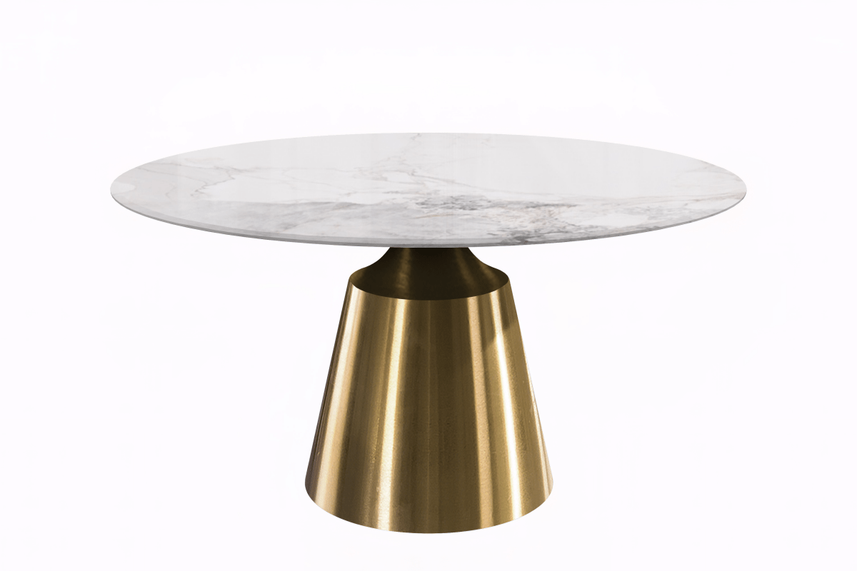 Prynn Modern Round Dining Table with Sintered Stone/Glass Top in Gold Stainless Steel Base