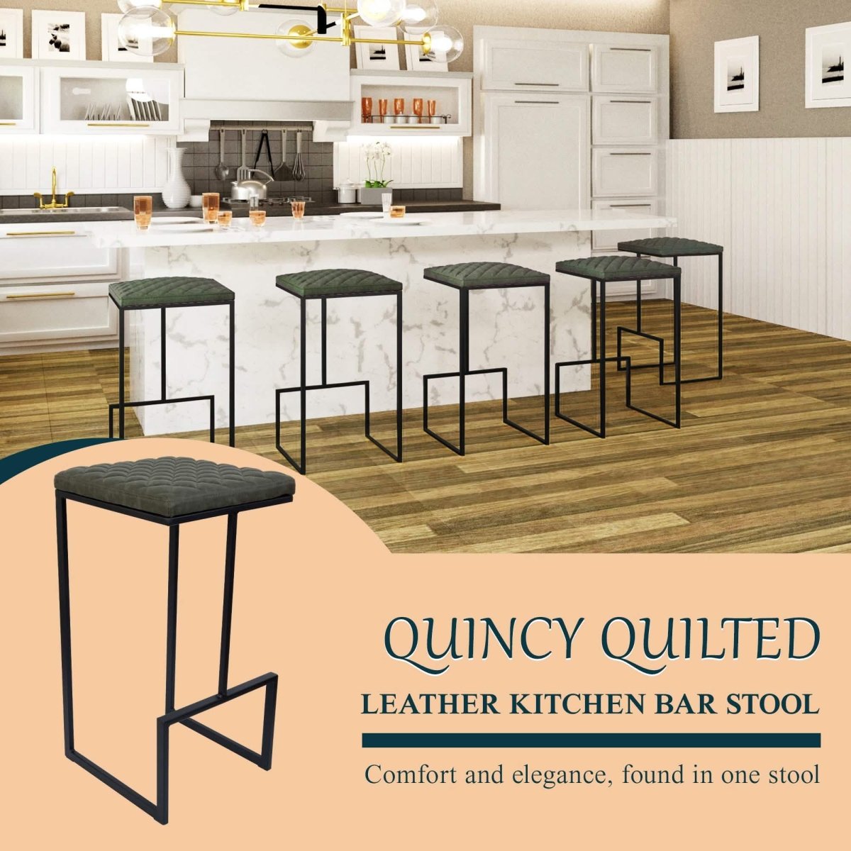 Quincy Leather Bar Stools With Metal Frame Olive Green Leisuremod