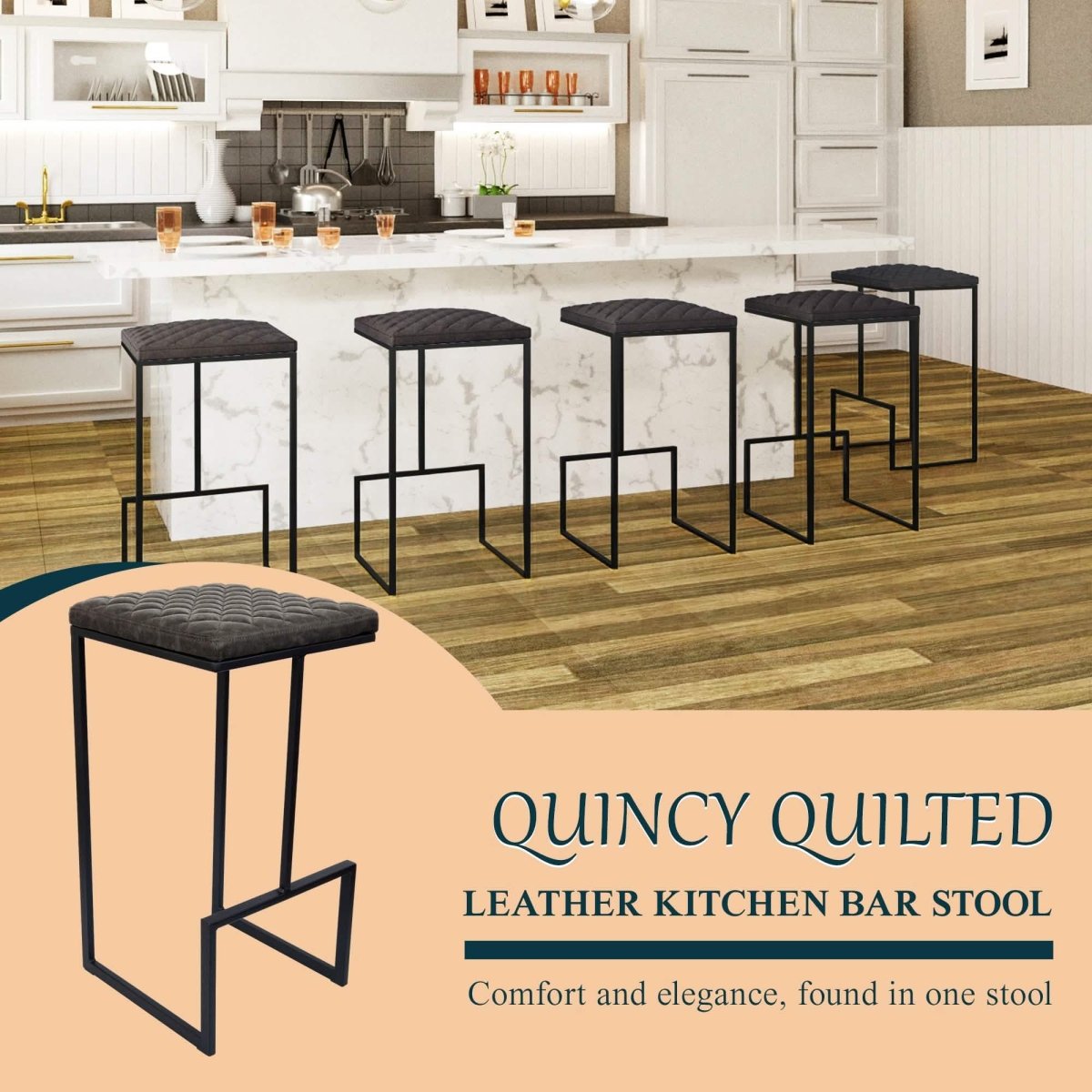 Quincy Leather Bar Stools With Metal Frame Olive Green Leisuremod