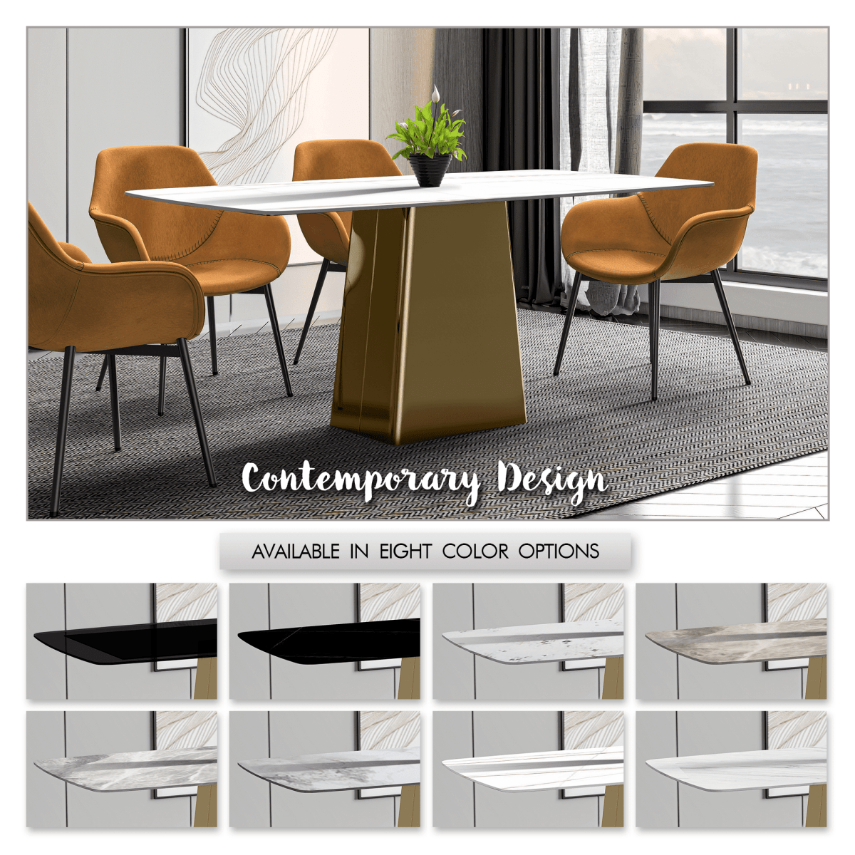 Quinix Rectangular Dining Table with Sintered Stone/Glass Tabletop and Gold Stainless Steel Base